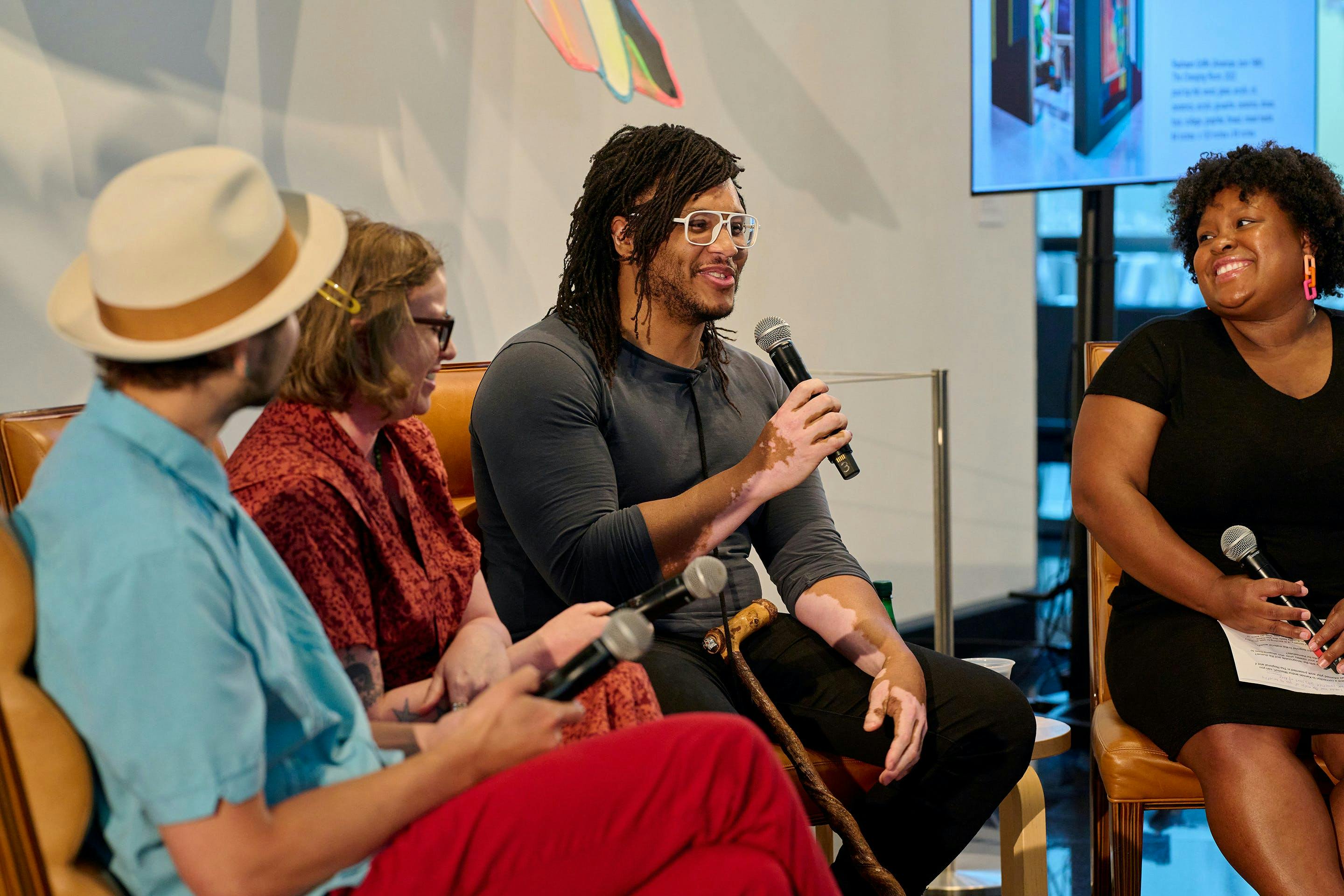 Photo of Jonathan Christensen Caballero, Rashawn Griffin, and Alice Tippit at a talk at Kemper Museum