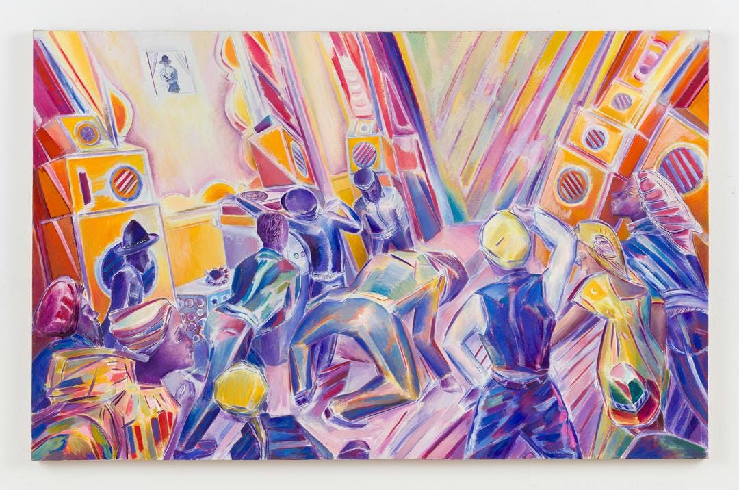 Colorful painting of people dancing and speakers in a night club.