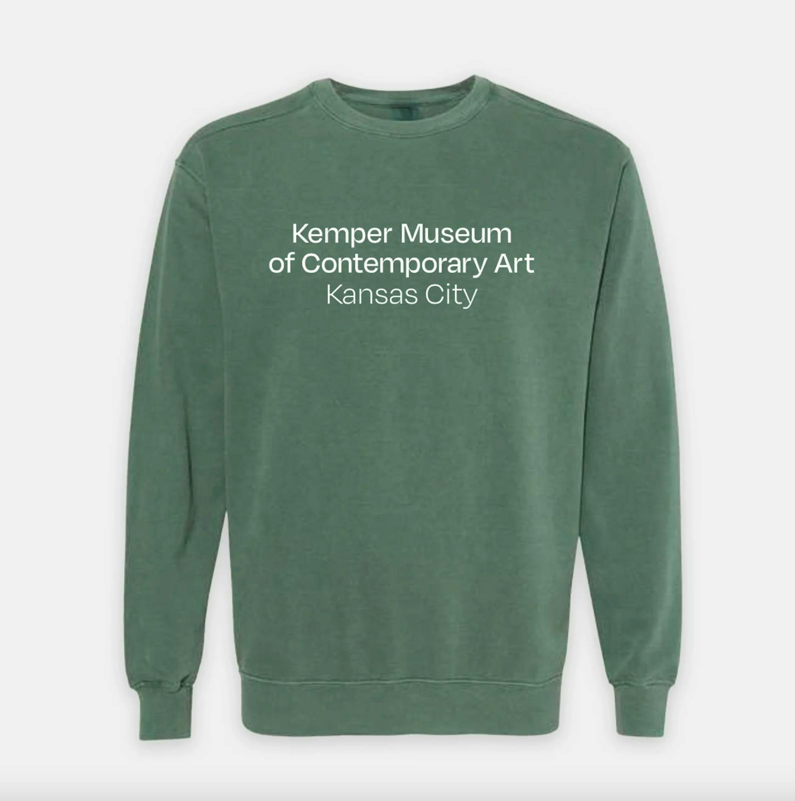 Green sweatshirt with the words Kemper Museum of Contemporary Art Kansas City