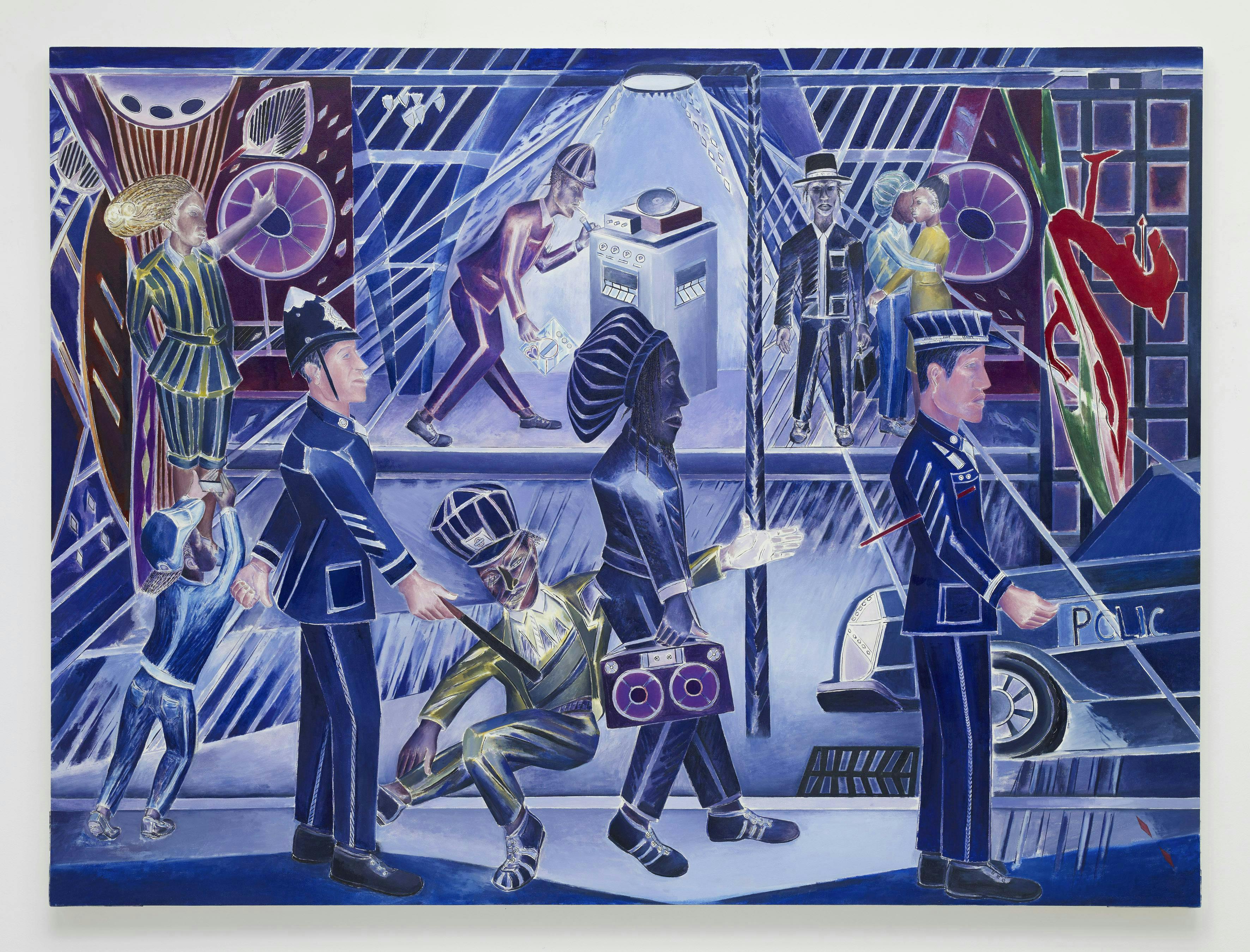 Painting showing police violence in a night club by Denzil Forrester.