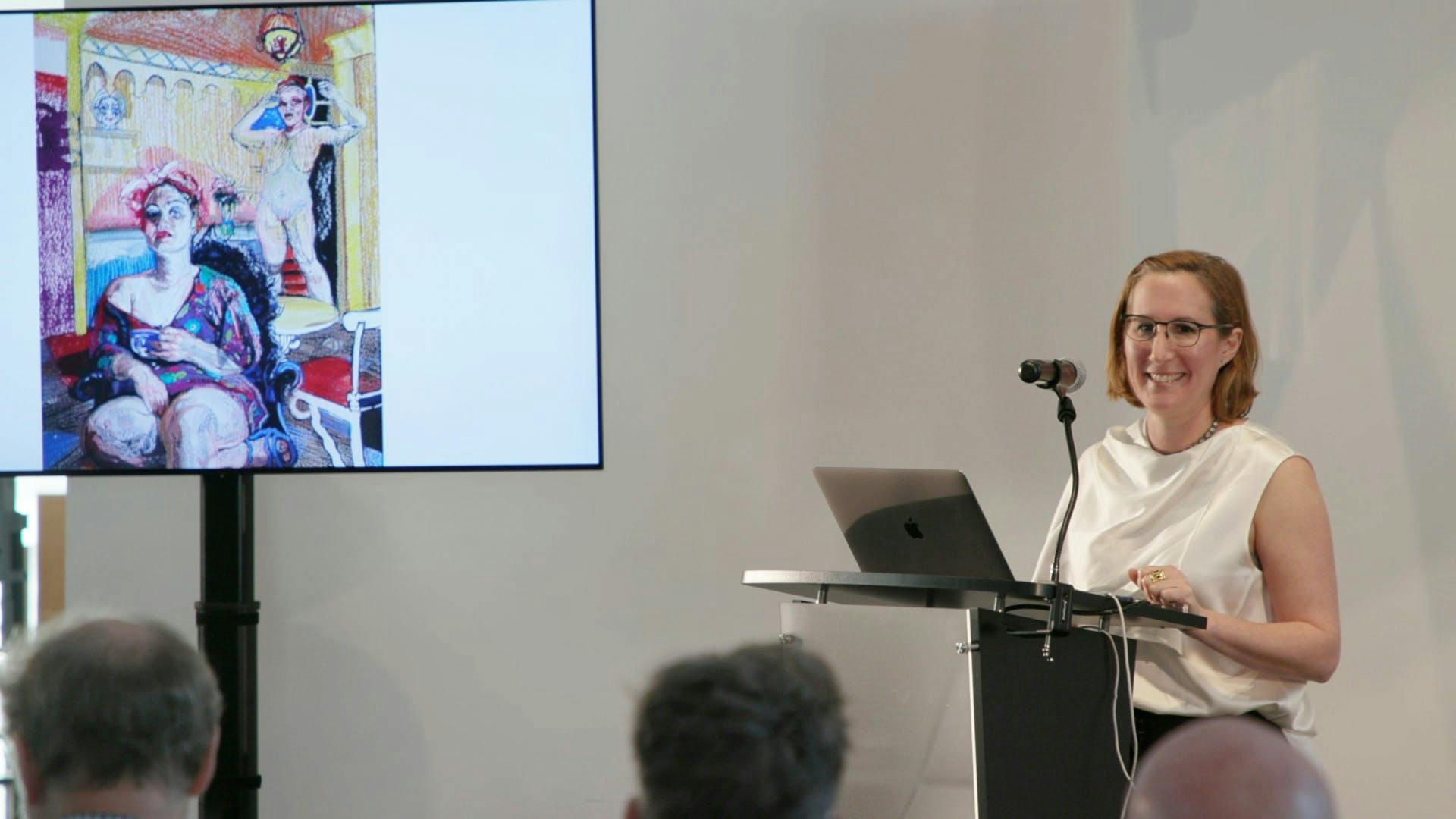 Photo of Natalie Frank giving a talk at Kemper Museum