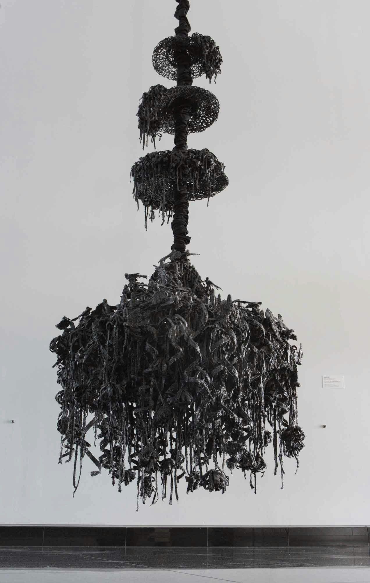 Untitled #827 (Three Tiered Chandelier), wax, pigment, ribbons, candles, artificial birds and flowers, satin, steel