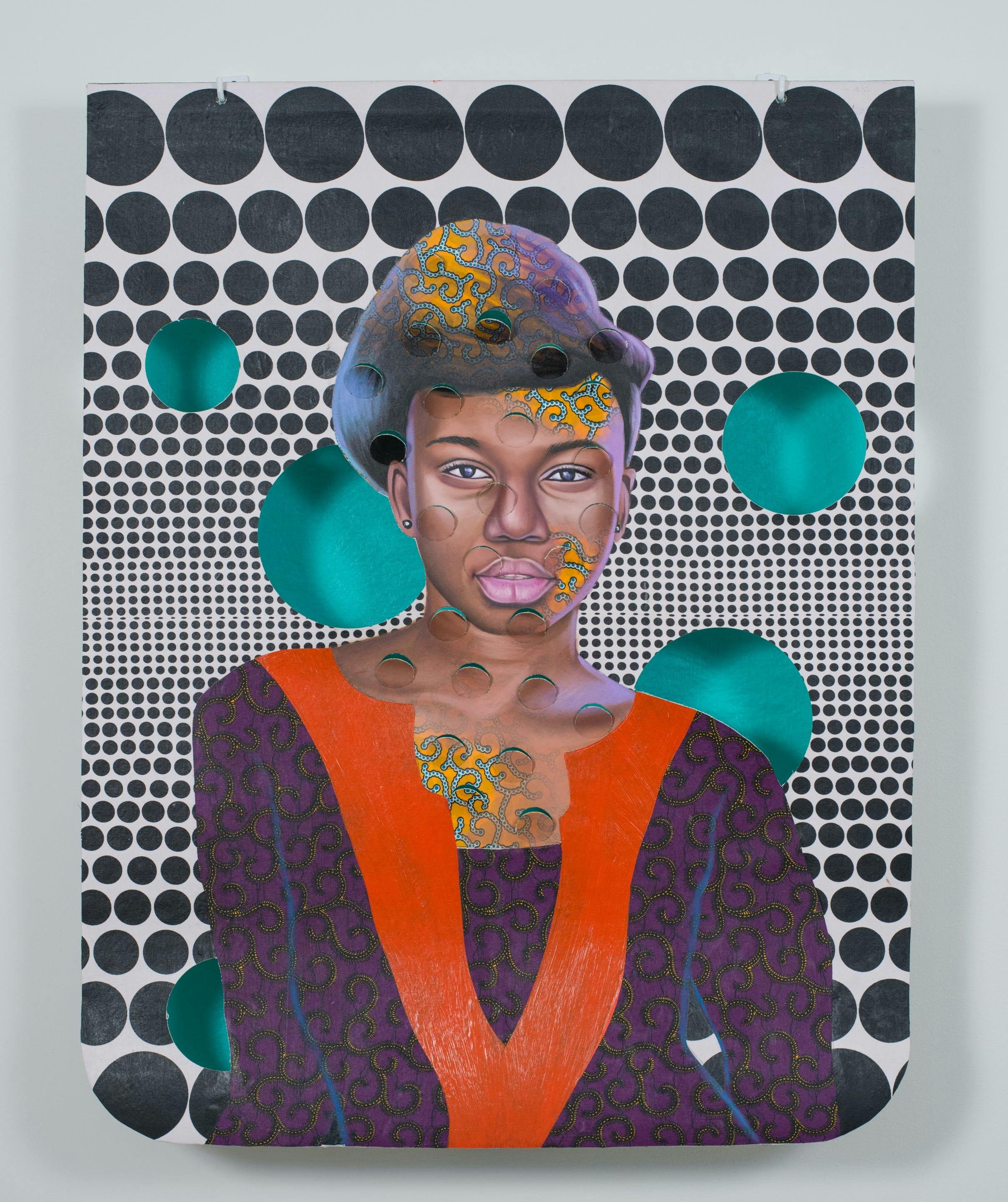 Patrick Quarm: Mixed media, acrylic, oil on African print fabric